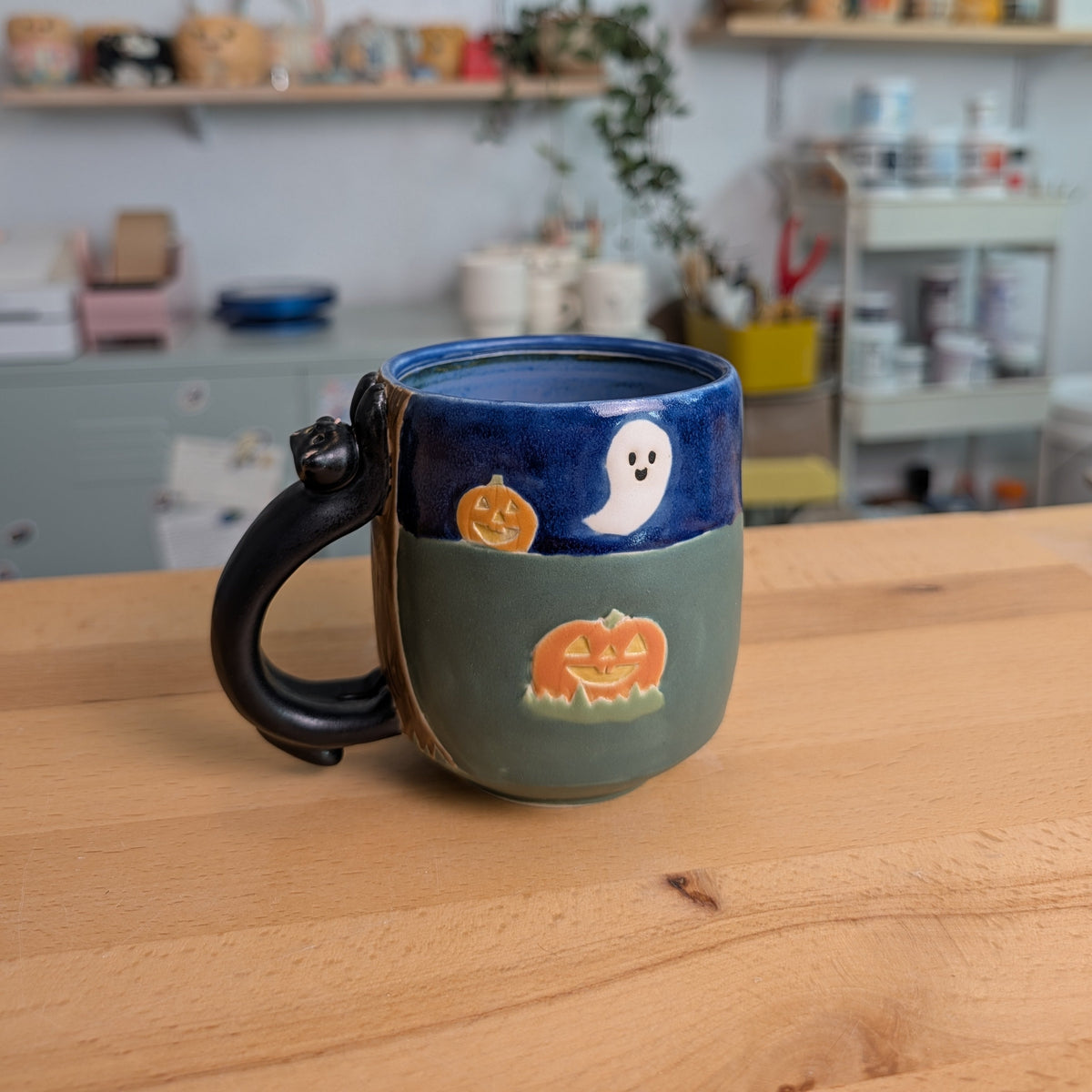 Spooky Stretchy Cat Mug (Black Cat with Pumpkins)