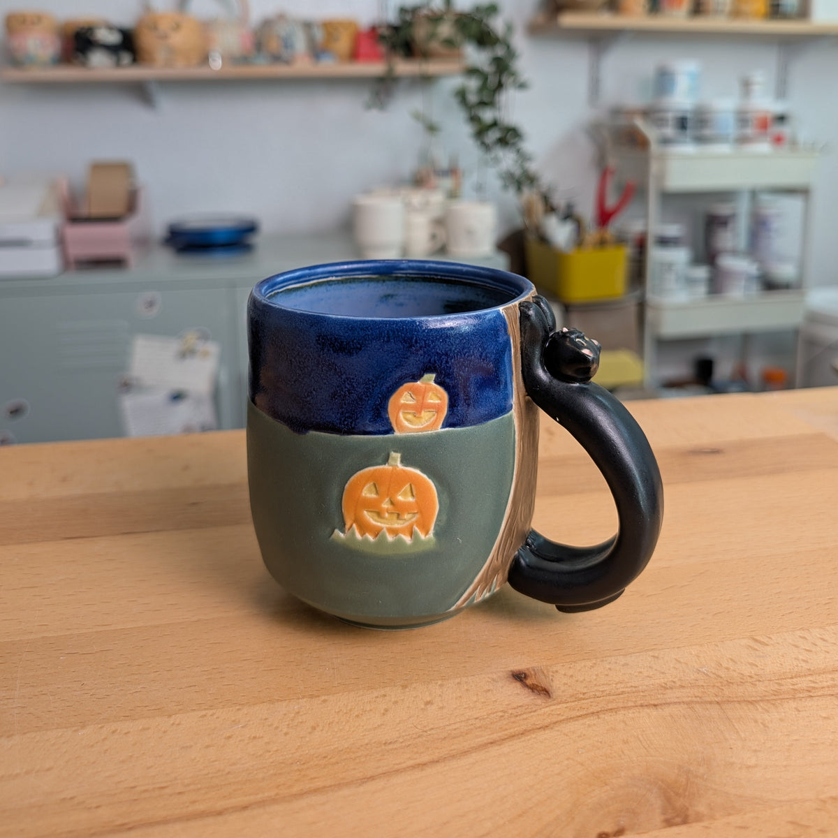 Spooky Stretchy Cat Mug (Black Cat with Pumpkins)